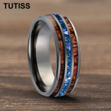 Blue Crystal Stone Inlaid Hawaiian Koa Wood 6/8mm Tungsten Carbide Rings