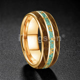 Whiskey Wood And Turquoise Gold Foil Inlay Unisex Tungsten Carbide Unisex Rings