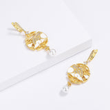 Fashion Handmade Enamel Round White Pendant Inlaid Pearl Gold Colour Earrings