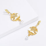 Fashion Handmade Enamel Round White Pendant Inlaid Pearl Gold Colour Earrings