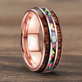 Inlaid Hawaiian Koa Wood Crushed Fire Opal 6/8mm Black Tungsten Carbide Rings