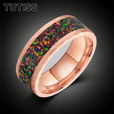 Hammered Tungsten Black Fire Opal Inlay 8mm Tungsten Engagement Ring for Men Women