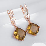 14 Karat Rolled Gold New Square Brown AAA Zircon Crsytals Dangle Retro Earrings for Women