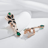 Gorgeous 14K Rolled Gold Green With Black AAA Zircon Crystals Flower Drop Earrings