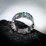 Exquisite Handmade AAA Zircon Diamonds Enamel Blue Butterfly Flower Silver Ring