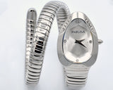 Luxury Silver Stainless Steel Coil Bracelet Quartz White Dial Crystal Snake Watch