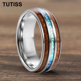 Dome Polishing Three Grooves Hawaiian Koa Wood Abalone Shell Inlay 8mm Tungsten Ring