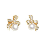 Beautiful Bow Design Real Pearl AAA Zircon Diamonds Silver Gold Colour Stud Earrings