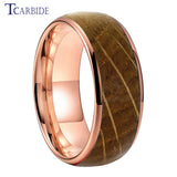 Whiskey Barrel Oak Wood Inlay Domed Polished Tungsten Engagement Wedding Rings