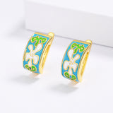 Green White Handmade Enamel 925 Stamp Irregular Pattern Women's Earrings