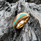 Amazing Whiskey Barrel Oak Wood Crushed Turquoise Inlay Tungsten Carbide Rings