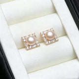Square Design Real Multicolour Pearls AAA Zircon Diamonds Silver Stud Earrings