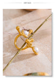 18K Gold Plated Stainless Steel Stylish Unique Design Pearls Geometric Adjustable Ring