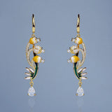 Elegant Yellow Flower Handmade Enamel AAA Zircon Diamonds Pendant Earrings