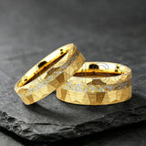 6/8mm Hammered Offset Groove Inlaid Moonstone Gold Foil Tungsten Carbide Rings