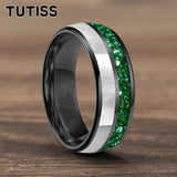 Dome Double Groove Inlaid With Green Crystal Stone Mother Of Pearl Shell Tungsten Rings