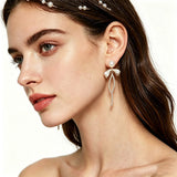 Delicate Ribbon Bow Silver Real Multicolour Pearl AAA Zircon Diamonds Stud Earrings