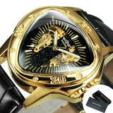 Sports Military Skeleton Automatic Mechanical Watches - Black Gold Triangle Dial Steel Leather Strap Luxury Watches