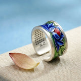 Wide Face Enamel Colourful Lotus Adjustable Open Style Retro Ethnic Handmade Ring