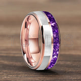 Purple Crystal Stone and White Seashell Inlay 6/8mm Gold Tungsten Carbide Rings