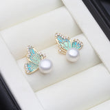 Real Cultured River Freshwater Pearl AAA Zircon Diamonds Stud Silver Earrings
