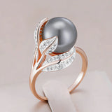 14 Karat Rolled Gold Big Grey Pearl AAA Zircon Diamonds  Luxury Women's Rings