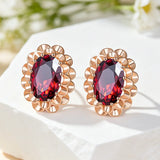 14K Rolled Gold Big Oval Red AAA Zircon Crsytals Flower Vintage Stud Earrings For Women