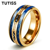 Polishing Dome Blue Glass Stone Meteorite Gold Foil Inlay 6mm 8mm Tungsten Rings