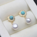 Elegant Cultured Multicolour Pearls AAA Zircon Diamonds Turquoise Stones Silver Earrings