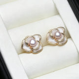 Camellia Flower Silver Multicolour Real Pearls Silver Cute Stud Earrings
