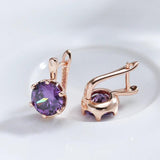 Luxury Amazing Six Claw Round Cut Purple 14K Rolled Rose Gold AAA Zircon Crystals Drop Earrings - Fashion Jewellery