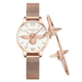 Elegant Luxury 3D Engraved Bee Dial Ladies Watch Rose Gold Plated 31mm Classic Casual Dress Watch with Bracelet Set