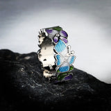 Exquisite Handmade AAA Zircon Diamonds Enamel Blue Butterfly Flower Silver Ring