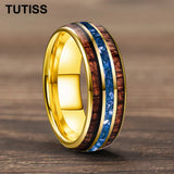 Blue Crystal Stone Inlaid Hawaiian Koa Wood 6/8mm Tungsten Carbide Rings