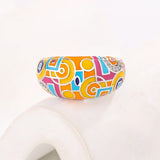 Colourful Handmade Enamel Cubic Zirconia Diamonds Silver Bohemian Ethnic Pattern Ring