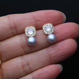 Square Setting AAA Zircon Diamonds Hanging Natural Multicolour Pearls Stud Earrings