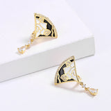 Exquisite Scalloped Flower Handmade White Black Enamel Zircon Diamonds Tassel Earrings