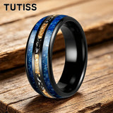 Polishing Dome Blue Glass Stone Meteorite Gold Foil Inlay 6mm 8mm Tungsten Rings