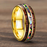 Inlaid Hawaiian Koa Wood Crushed Fire Opal 6/8mm Black Tungsten Carbide Rings