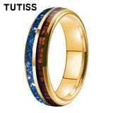 Blue Crystal Stone Inlaid Hawaiian Koa Wood 6/8mm Tungsten Carbide Rings