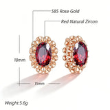 14K Rolled Gold Big Oval Red AAA Zircon Crsytals Flower Vintage Stud Earrings For Women