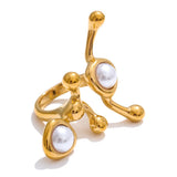 18K Gold Plated Stainless Steel Stylish Unique Design Pearls Geometric Adjustable Ring