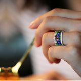 Wide Face Enamel Colourful Lotus Adjustable Open Style Retro Ethnic Handmade Ring