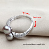Exquisite Real Pink Black White Purple Grey Pearl AAA Zircon Diamonds Silver Rings