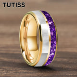 Purple Crystal Stone and White Seashell Inlay 6/8mm Gold Tungsten Carbide Rings