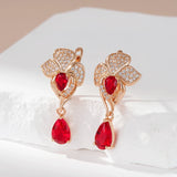 14 Karat Rolled Gold Luxury Red AAA Zircon Diamonds Dangle Retro Drop Shape Earrings