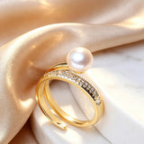 Elegant Bypass-Style Silhouette Real Pearl AAA Zircon Diamonds Gold Colour Ring