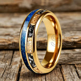 Polishing Dome Blue Glass Stone Meteorite Gold Foil Inlay 6mm 8mm Tungsten Rings