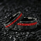 Hammered Faceted Brushed Finish Red Crystal Stone Inlay Gold Color Tungsten Rings