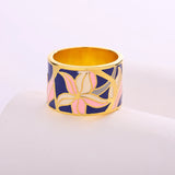 New Enamel Handmade 18KGP Hand Painted Pink Blue Floral Wide Ring